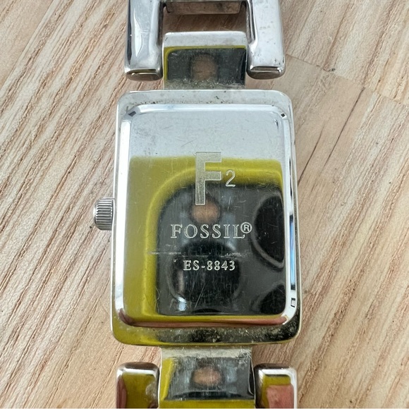 Fossil ladies rectangular black dial silver tone bracelet watch NEW BATTERY